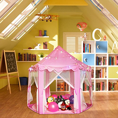 Outdoor Indoor Princess Castle Play Tents,Shayson Large Playhouse Kids With Warm Soft Blanket Smile Tent Light, 40 Small Star Lights,6 Middle Hang Star Led Light,6 Large Hang Star Led Light For Festival Fairy Princess Castle Tent, Newest Design, Extra Large Room (tent series)