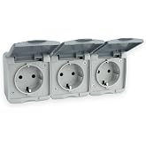 230V 16A IP44 3-Way Socket with Valve Cap | Horizontal surface socket, Wet space, Schuko plug, Protected against splashing wa