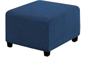 Highdi Ottoman Cover Rectangle Jacquard Square Stretch Footstool Slipcover with Elastic Bottom, Footrest Stool Protector for Living Room Bedroom, Removable Washable Pouffe Covers (Navy Blue,Small)