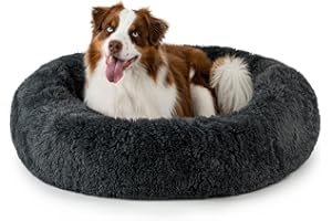lionto Donutbett für Hunde und Katzen, Flauschiges Hundebett rund für kleine und große Heimtiere, Ø 100 cm, weiches Katzenbett aus kuscheligem Plüsch, Hundekissen mit extra Dicker Füllung, dunkelgrau