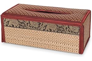 Kitama Pudełko na chusteczki kosmetyczne z naturalnym wzorem słonia – dozownik chusteczek na chusteczki higieniczne – Made in Thailand (czerwono-złoty)