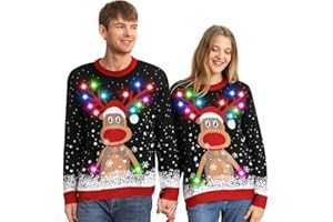 Kouric Jersey Navideño Luces,Jersey Navidad Mujer/Hombre con Estampado de Reno en la Nieve,Ugly Christmas Sweater,Jerseys Navideños,Suéter Navideño Pareja Gracioso,Christmas Jumper