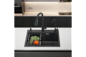 Évier Cuisine 1 Bac JUNSOTTOR 55x45 cm - Noir Acier Inoxydable avec Double Robinets (Extractible 360° + Eau Pure), Égouttoir Mobile et Drainage Silencieux