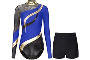 TiaoBug Damen Klassischer Gymnastikanzug Langarm Turnanzug Gestreift Mesh Spleiß Metallic Tanz-Body Ballett Trikot Eiskunstlauf Leotard mit Kurze Hose Leggings