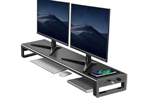 Vaydeer Dual Monitor Stand Riser with Wireless Charging and 4 USB 3.0, Metal Desk Computer Stand for 2 Monitors, Aluminum PC Screen Stand for Office, Laptop, Computer, iMac up to 32 Inches - Black