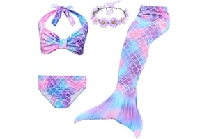 DAXIANG 4 Pièces Costume Maillot de Bain Bikini Queue de Sirène Déguisement Princess pour Enfante 2-20 Ans (Il y a la Bouton de la Queue,Pouvez Ajouter la Monopalme)
