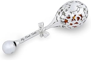 AMBEDORA Rattle for Boy or Girl, Polished Sterling Silver, Silver Stork Rattle with Engraving, Birthday Gift