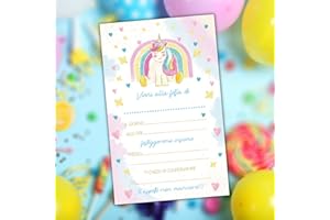 PRINTSERVIS 20 Inviti per FESTA di COMPLEANNO con Busta, Stampa su cartoncino Premium, Grafica e Stampa Sorprendente, Eleganti e facile da compilare (Invito Unicorno)