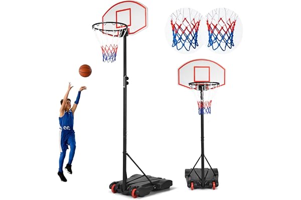 GYMAX Panier de Basket-Ball Extérieur pour Enfants, Hauteur Réglable 178-208cm, 2 Filets Inclus, Mobile avec Roues, Base Remplissable d'eau 25kg ou Sable 30kg