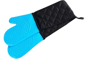 ATWG Double Oven Glove, Non-slip Kitchen Oven Mitts with Cotton Lining, Extra Long Silicone Oven Gloves for Grilling, Cooking, Baking, Microwave, Heat Resistant to 500 Degrees (Blue)