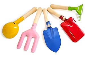 KY-Tech Kids Gardening Tool Set 5 Piece Childrens Gardening Set 8" Kids Garden Tools Made of Metal with Sturdy Wooden Handle Gardening Spoon, Fork, Trowel, Rake & Shovel for Kids