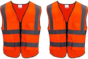 ChuerTech Sicherheitsweste, 2 PCS Warnweste Reflektierendes WarnschutzWeste, Zertifiziert Warnweste mit Reflektorstreifen mit Reißverschluss und Taschen Arbeitsweste - Orange