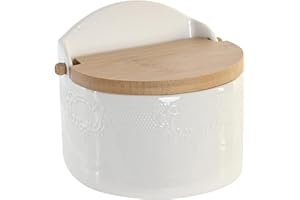 Space Home - Portaspezie - Saliera con Coperchio in Legno - Zuccheriera - Contenitore per Condimento in Ceramica - Bianco