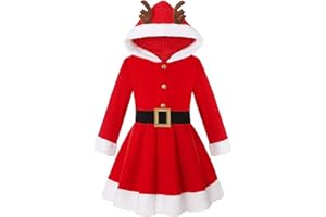 ranrann Robe de Noël Fille Enfant Manche Longue Costume Mère Noël Robe à Capuche
