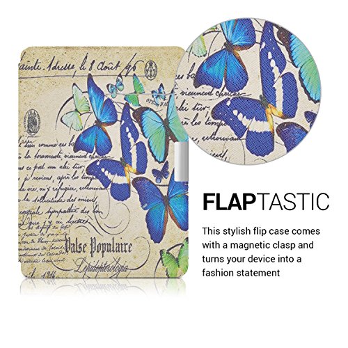 kwmobile Hülle für Kobo Aura Edition 2 – Flipcover Case eReader Schutzhülle – Bookstyle Klapphülle Schmetterlinge Schrift Design Blau Mintgrün Beige - 2