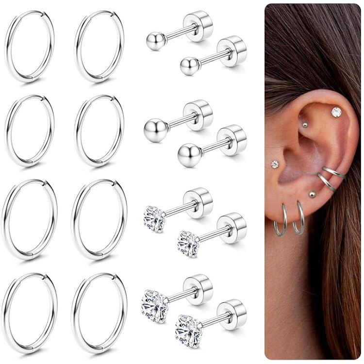 Lot De Boucles D'oreilles Femme Acier Inoxydable 316L - Creoles, Flat Back, Ear Jackets - Or Et Argent - Pour Piercing Helix, Tragus