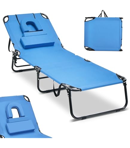 COSTWAY Zonneligstoel met gat voor hoofd en armen, opvouwbare tuinstoel met verstelbare rugleuning en voetensteun, afneembaar kussen, zijvak, ligstoel voor strand, tuin, balkon (Blauw