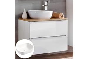 Lomadox Badmöbel Waschtisch-Unterschrank Set 80cm, Hochglanz weiß, 50cm Keramik-Waschbecken, 2 Softclose-Auszüge