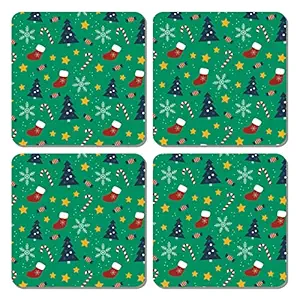 Family Shoping Christmas Decorations Items for Home Chrismtas Printed Wooden Coaster Set of 4 for Dinning Table Office Home for Christmas Gift Items from Secret Santa
