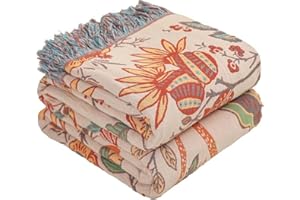 HOORDRY Boho Throw Blanket for Sofa, 100% Cotton Super Soft Floral Print Bed Throw For All Season，80"×90" Rustic Vintage Throw Suitable for Chair Table Couch,Green & White