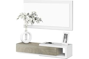 duehome | Recibidor con Cajon y Espejo, Mueble de Entrada, Modelo Derek, Acabado en Blanco Artik y Roble Alaska, Medidas: 95 cm (Ancho) x 19 cm (Alto) x 26 cm (Fondo)
