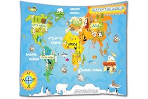 A.Monamour Tapisserie Murale Dessin Animé Animal Carte Du Monde Pour Les Enfants Géographie Éducation Abstrait Décor Textile Tissu Tenture Murale Tapisserie Rideaux Nappe 102x153cm