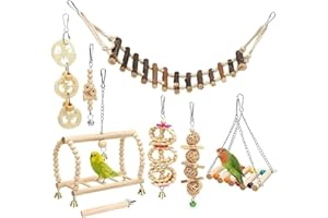 Zixrmor Holz Vogelkäfig wellensittich，Papageienvogelkauen Naturholz Hängende Schwingen und Springen Wellensittich zubehör, 8 Stück Vogel Spielzeug (Geometrisch)
