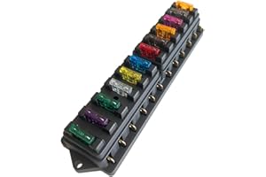 Aiqeer 12 Vías Portafusibles Coche Impermeable, 12V / 24V / 32V / 48V Universal Caja Fusibles Cuchilla Estándar, con 10 Piezas Fusibles Estándar (2A/3A/5A/7.5A/10A/15A/20A/25A/30A/35A)