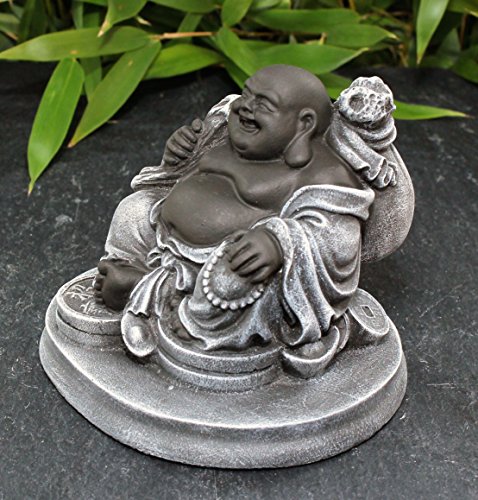 Glücksbuddha Figur – Schwarz/Schiefergrau, Buddha, Statue, Deko, Geschenk, Steinguss - 3