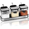 V-Shine Condiment Jar Spice Container with 304 Stainless Steel Lids & Spoons,Clear Glass Condiment Canisters Pots Seasoning Box Salt Container Sugar Bowl Set of 3