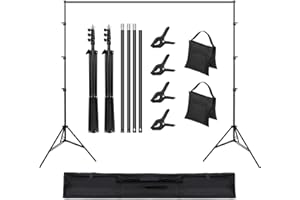 OMBAR 2,6x3M Soporte Fondo Fotografico, para Retrato, Fotografía de Productos y Grabación de Video, Ajustable Soporte Photocall con 4 Abrazaderas Fondo y 2 Bolsas Arena