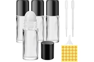 Furuising 4 Pezzi 30ML Roll on Vuoto per Oli Essenziali, Vuoto Roll On Bottiglie con Sfera, Ricaricabili Flacone per Olio Essenziale con Contagocce, Imbuto, Adesivo per Aromaterapia, Profumi