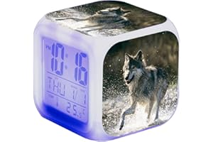 Nicole Knupfer Wolf Wecker Kinder Wecker LED Night Nachttischwecker Quadrat Beleuchteter LCD Uhr Wake Up Wecker Geschenk Muster Wolf (#13)
