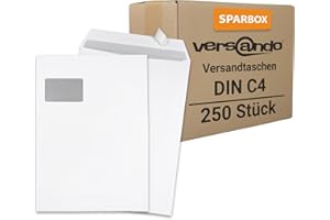 ‎VERSANDO versando 250x Versandtaschen C4 mit Fenster Haftklebend 229 x 324 mm weiß: Briefumschläge für Büro, wichtige Unterlagen, blickdicht, einfach verschließbar (1 Karton)