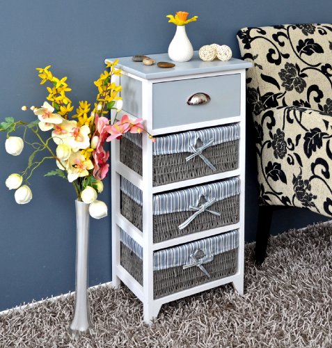 Landhaus Kommode Schrank Bad Regal in grau weiss mit einer Schublade und drei Körbe mit einem Stoffbezug in Blau - 9