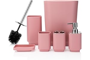 JOTOM 6-teiliges Badezimmer-Zubehör-Set, luxuriöses Kunststoff-Badezimmer-Zubehör-Set, Mülleimer, WC-Bürste, Zahnbürstenhalter, Becher, Seifenschale, Seifenspender, Badeset, Geschenk (Rosa)