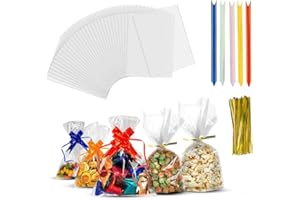 Recon Up Cellophane Bags, Cookie Bags With Colorful Pull Bows, Clear Gift Bags For Food Storage, Flat Sweet Bags For Gifts On Special Occasions (8X12 Pack Of 60 With Ribbons And Ties)