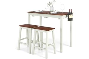 TANGZON 3-Piece Dining Table Set, Wooden Kitchen Table and 2 Stools with Wine Holders, Footrest & Non-Slip Footpads, Space Saving Breakfast Bar Table Chairs Set (Flat Seat, with Wine Holder)