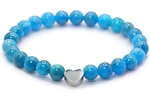 LAKADA Bracelet en apatite véritable pierre précieuse avec perles rondes de 6mm et cœur en acier inoxydable - différentes longueurs - bracelet en pierres précieuses porte-bonheur talisman cadeau