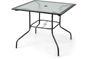 COSTWAY Mesa Terraza Exterior Cuadrada,89 x 72 cm, Orificio para Sombrilla 38 mm, Mesa Jardin Exterior con Tapa de Vidrio Templado, Estructura de Metal, Mesa Comedor Jardín Patio Piscina Balcón