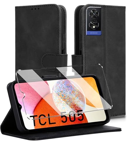 Coque Portefeuille TCL 505 MQERYBV - Housse Cuir PU Avec Verre Trempé - Support Intégré - Fentes Cartes