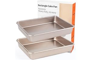 Barlket Rectangle Cake Pan, 9x11 Baking Pan, Deep Bread Pan Nonstick, Toaster Oven Tray Bakeware for Lasagna, Heavy Duty, 11x9x2 Inch, Pack of 2, Gold, Easy Release