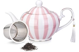 London Boutique teapot with Infuser - Tea Pot infusers for Loose Tea -700ml Capacity Perfect 2 Cup teapot -Easy Grab Handle Teapots (Pink Strips)