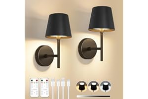 Dehobo Battery Operated Wall Lights Set of 2, Rechargeable Wall Lights Dimmable 3 Colors with Remote, 5200mAh Metal LED Wireless Wall Lamps for Bedroom, Study, Hallway, Staircase, Night Light, Black