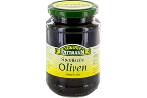 ‎FEINKOST DITTMANN Feinkost Dittmann Spanische Oliven ohne Stein - 340g, 1er Pack - Schwarze Oliven eingelegt - Geschwärzte Olivenfrucht - Ideal für Pizza, Salate, Spanische Antipasti