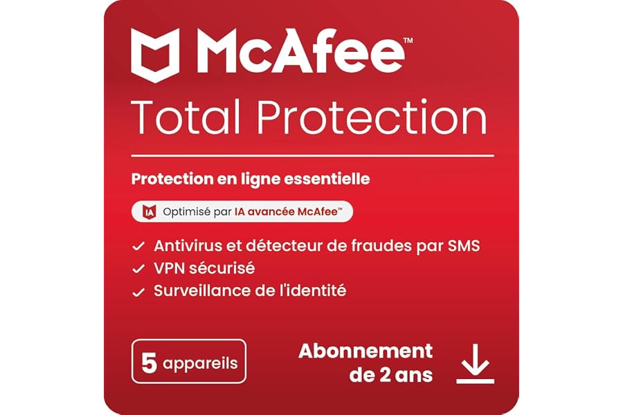 McAfee Total Protection 5 appareils 2025 | 2 ans | VPN sécurisé, logiciel de sécurité avec antivirus, gestionnaire de mots de