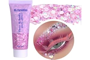 ‎GL-TURELIFES GL-Turelifes Chunky Glitter Gel Glitter Body Gel Festival Glitter Kosmetik Gesicht Haare Nägel Make-up Meerjungfrau Pailletten Flüssiger Lidschatten Langanhaltend Funkelnd (Rosa 50ml)