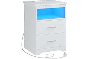 KIMENICH Mesita de Noche con Iluminación LED, Mesilla de Noche con Estación de Carga, Puertos USB, 2 Cajones, Mesa de Sofá, para Dormitorio, Salón (Blanco)