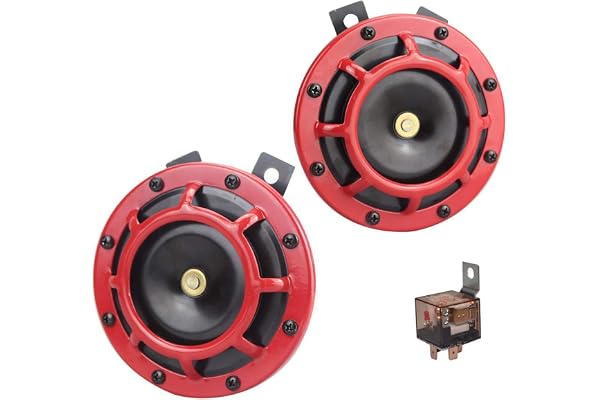 GAMPRO Corne de Voiture Kit 12V 135db Super Haute Tonalité et Basse Tonalité Corne En Métal Kit avec Support pour Voitures Camions SUVs VRs Vans Motos Hors route Bateaux (Rouge)