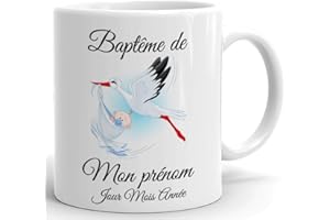 Tasse Mug Cadeau Baptême Personnalisable Prénom et Date - Cigogne portant un Bébé - à Personnaliser Naissance Enfant